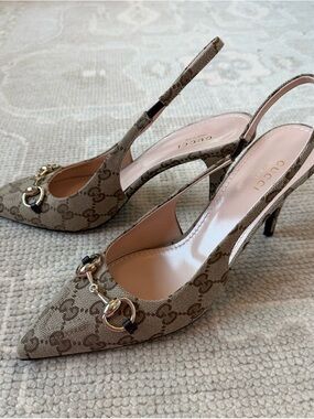 Gucci Brown GG Canvas Horsebit Slingback Heels